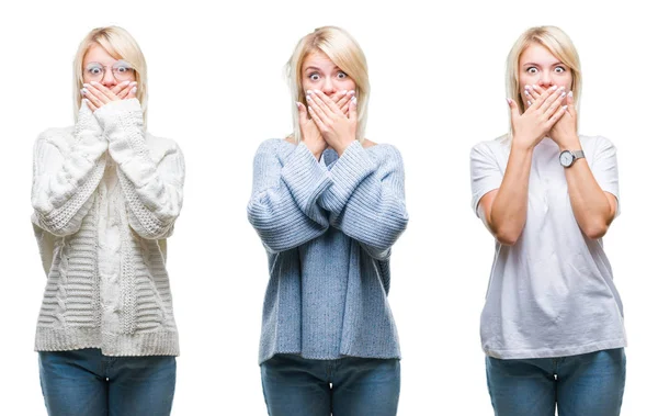 Collage Van Mooie Blonde Vrouw Winter Trui Dragen Geïsoleerde Achtergrond — Stockfoto