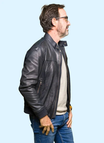 Middle Age Handsome Man Wearing Sunglasses Black Leather Jacket Looking — Stock Photo, Image