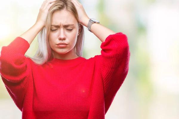 Young Blonde Woman Wearing Winter Sweater Isolated Background Suffering Headache — Stock Photo, Image