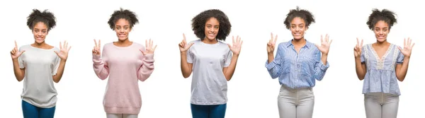 非洲裔美国妇女的拼贴在孤立的背景显示和指向用手指 同时微笑着自信和快乐 — 图库照片