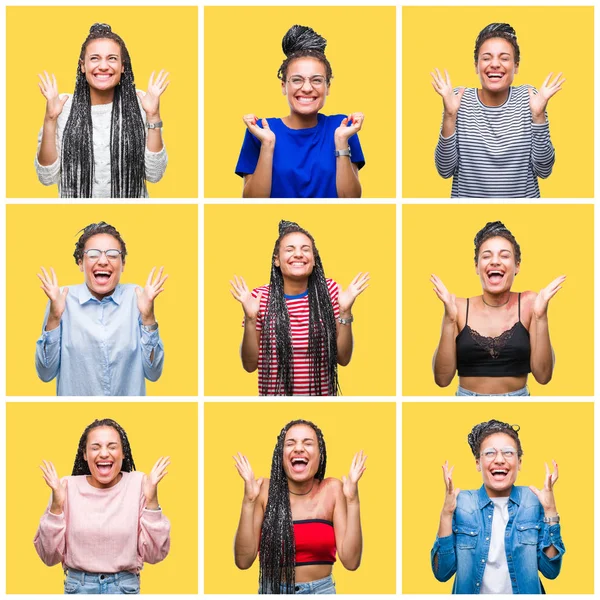 Collage Beautiful Braided Hair African American Woman Yellow Isolated Background — Stock Photo, Image