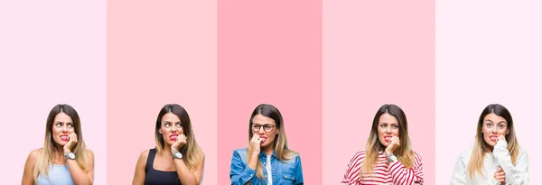 Collage Young Beautiful Woman Pink Stripes Isolated Background Looking Stressed — Stock Photo, Image