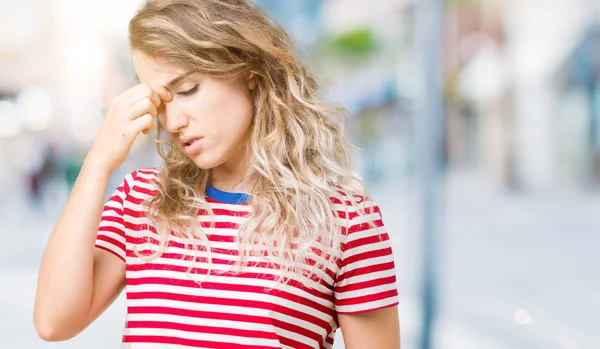 Beautiful Young Blonde Woman Isolated Background Tired Rubbing Nose Eyes — Stock Photo, Image