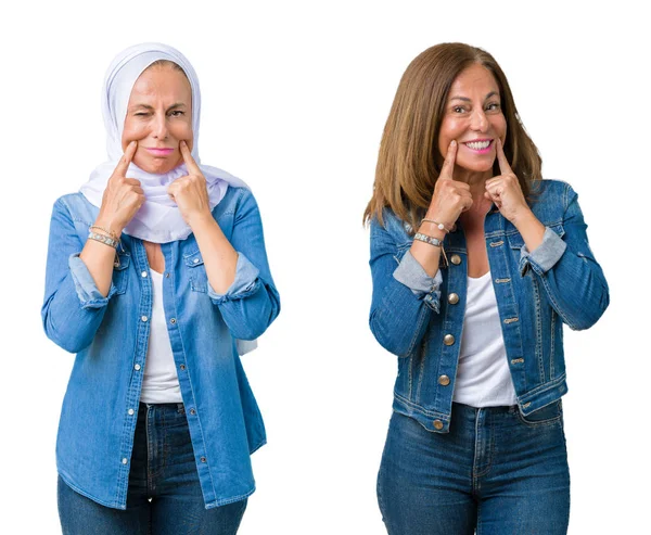 Collage Van Arabische Vrouw Mooie Middelbare Leeftijd Geïsoleerde Achtergrond Glimlachend — Stockfoto