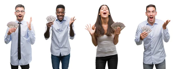 Collage Del Equipo Del Grupo Trabajadores Sosteniendo Billetes Banco Dólares — Foto de Stock