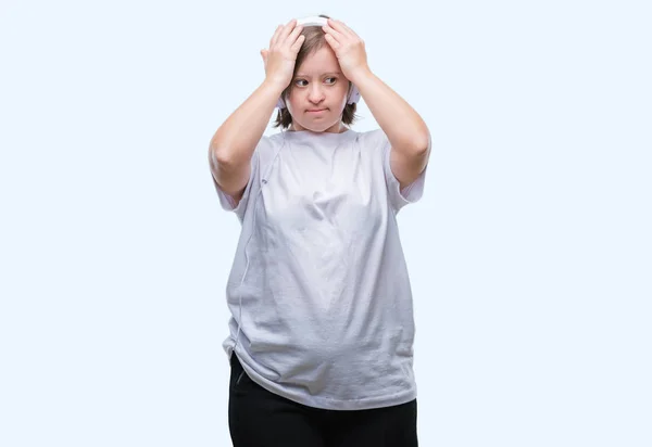 Young Adult Woman Syndrome Wearing Headphones Isolated Background Suffering Headache — Stock Photo, Image