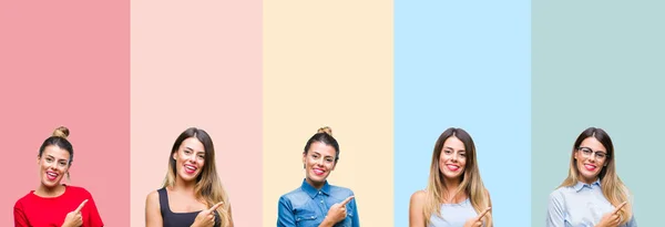 Collage Joven Hermosa Mujer Sobre Rayas Colores Fondo Aislado Alegre —  Fotos de Stock