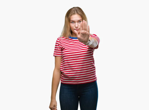 Young Caucasian Woman Isolated Background Doing Stop Sing Palm Hand — Stock Photo, Image
