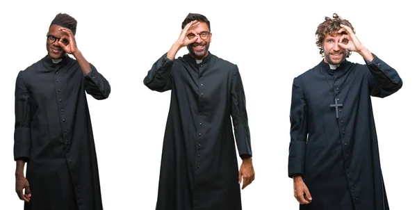 Collage Hombres Sacerdotes Cristianos Sobre Fondo Aislado Haciendo Buen Gesto —  Fotos de Stock