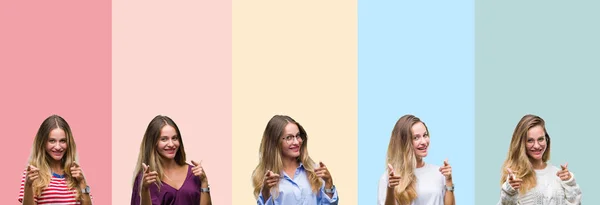 Collage Smuk Ung Kvinde Farverige Striber Isoleret Baggrund Peger Fingre - Stock-foto