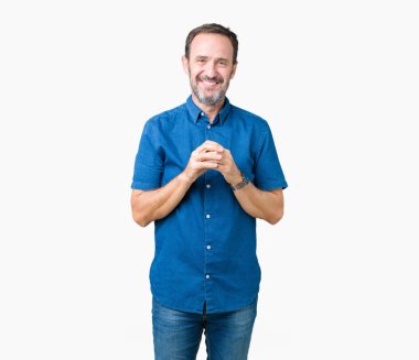 Yakışıklı orta yaş üzerinde zarif komuta sizde birlikte arka plan eller izole ve parmakları rahat ve neşeli gülümseyen geçti. Başarı ve iyimser