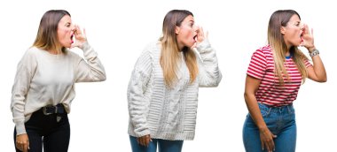 Kolaj bağırarak ve ağzı üzerinde el ile yan için çığlık izole arka plan üzerinde genç güzel kadın. İletişim kavramı.