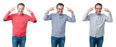 Beyaz izole yakışıklı üst düzey adam kolaj hem el parmak, harika bir fikir ya da düşünce, iyi bellek ile baş gösteren gülen arka plan