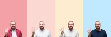 Kolaj üzerinde gösterilen ve parmakları ile işaret renkli çizgili izole arka plan sakallı genç adamın kendinden emin ve mutlu gülümseyerek süre dört numara.