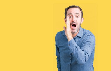 Yakışıklı orta yaş zarif komuta sizde izole arka plan üzerinde el gizli söylenti söylüyor Ağızdan kötü amaçlı konuşma konuşma fısıldayan