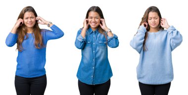 Yüksek sesle müzik gürültü rahatsız ifade parmaklarıyla kulaklarıyla kapsayan izole arka plan güzel genç kadın kolaj. Sağır kavramı.