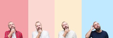 Kolaj üzerinde renkli sakallı genç adam bir izole arka plan ile ilgili soru, dalgın ifade düşünme çene yandan çizgili. Düşünceli yüzüyle gülümsüyor. Şüphe kavramı.