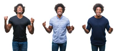 Kolaj bir Afrikalı-Amerikalı genç yakışıklı adam kızgın ve silah ile başarı için deli kutluyor izole arka plan üzerinde kaldırdı ve heyecanlı çığlık gözler kapalı. Kazanan kavramı