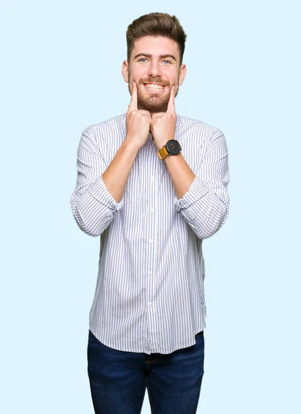 Young Handsome Man Smiling Open Mouth Fingers Pointing Forcing Cheerful — Stock Photo, Image