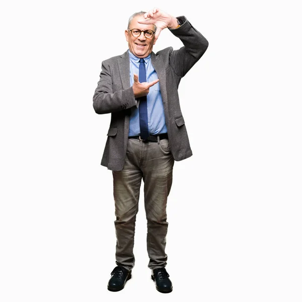 Przystojny Businesss Starszy Człowiek Noszenie Okularów Krawat Uśmiechający Się Podejmowania — Zdjęcie stockowe