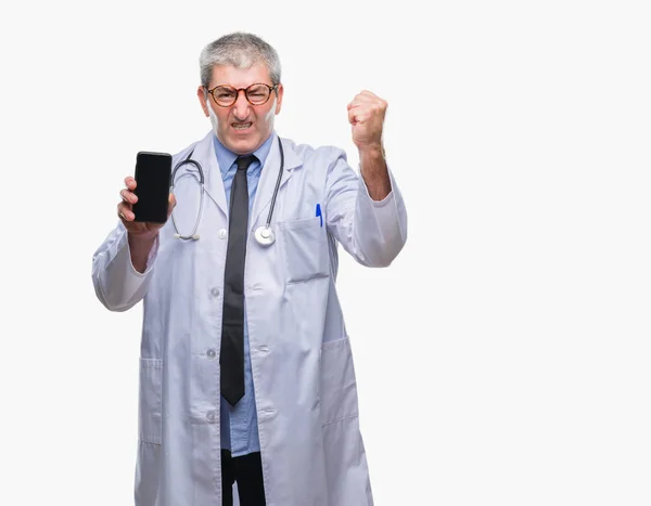 Handsome Senior Doctor Man Showing Screen Smarpthone Isolated Background Annoyed — Stock Photo, Image