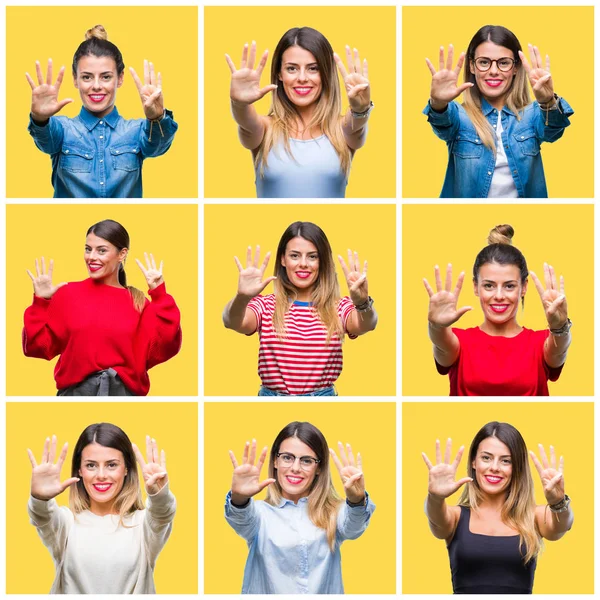 Colagem Jovem Bela Mulher Sobre Amarelo Isolado Fundo Mostrando Apontando — Fotografia de Stock