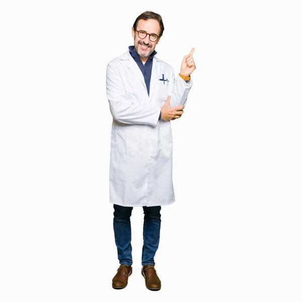 Middle Age Therapist Wearing White Coat Big Smile Face Pointing — Stock Photo, Image