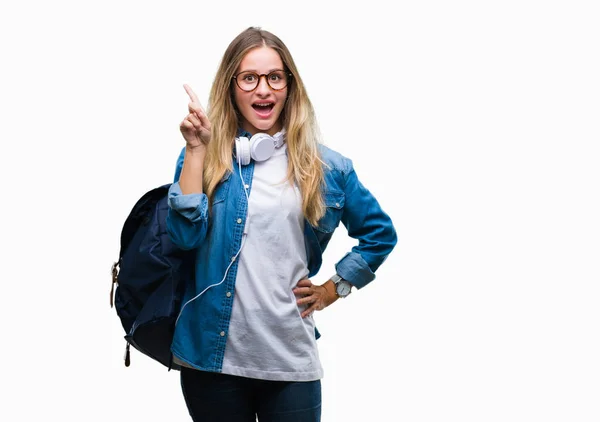 Joven Hermosa Estudiante Rubia Que Usa Auriculares Gafas Sobre Fondo —  Fotos de Stock