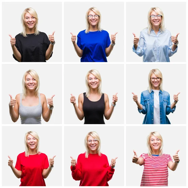 Collage of beautiful blonde woman wearing differents casual looks over isolated background success sign doing positive gesture with hand, thumbs up smiling and happy. Looking at the camera with cheerful expression, winner gesture.