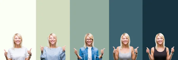 Collage Vacker Blond Kvinna Över Grön Vintage Isolerade Bakgrund Framgång — Stockfoto