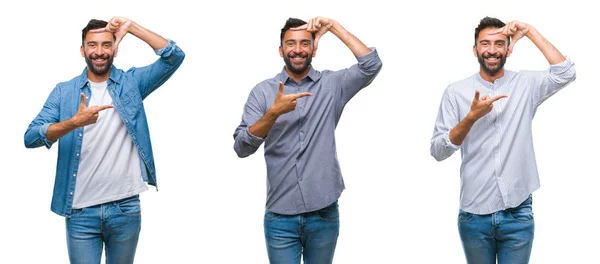 Colagem Belo Jovem Indiano Sobre Fundo Isolado Sorrindo Fazendo Quadro — Fotografia de Stock