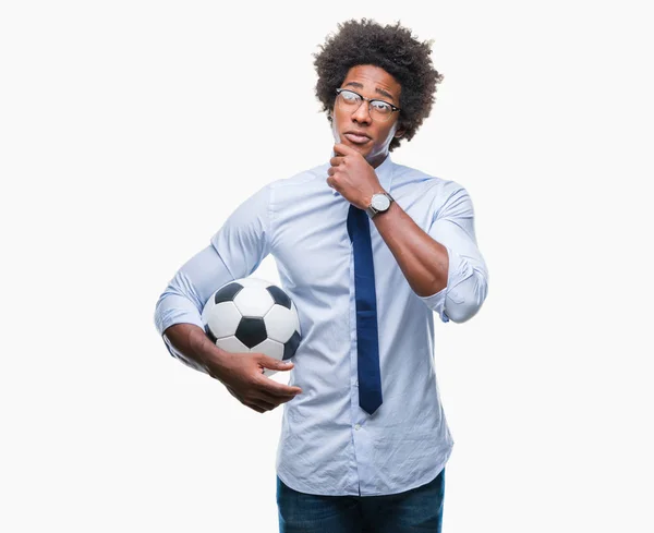 Afro Americano Manager Hombre Celebración Fútbol Pelota Sobre Aislado Fondo —  Fotos de Stock