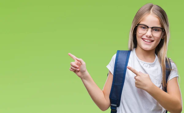 Genç Güzel Öğrenci Kız Gülümseyerek Iki Elleri Parmakları Ile Tarafına — Stok fotoğraf