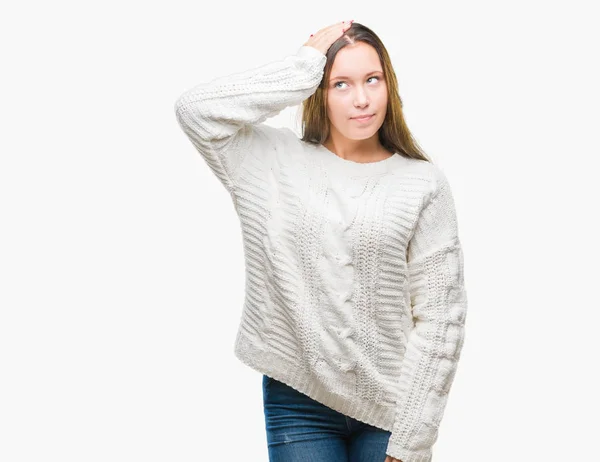 Young Beautiful Caucasian Woman Wearing Winter Sweater Isolated Background Confuse — Stock Photo, Image