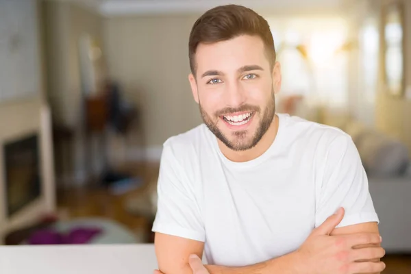 Young Handsome Man Wearing Casual White Shirt Home Happy Face — Stock Photo, Image