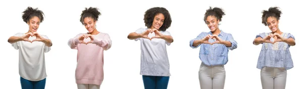 Collage Afroamerikanska Kvinnan Över Isolerade Bakgrund Leende Kärlek Visar Hjärtsymbolen — Stockfoto