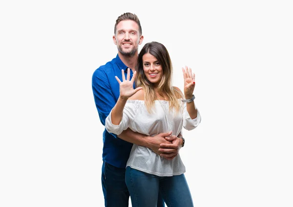 Junges Verliebtes Paar Vor Isoliertem Hintergrund Das Mit Finger Nummer — Stockfoto