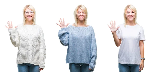 Colagem Bela Mulher Loira Usando Camisola Inverno Sobre Fundo Isolado — Fotografia de Stock