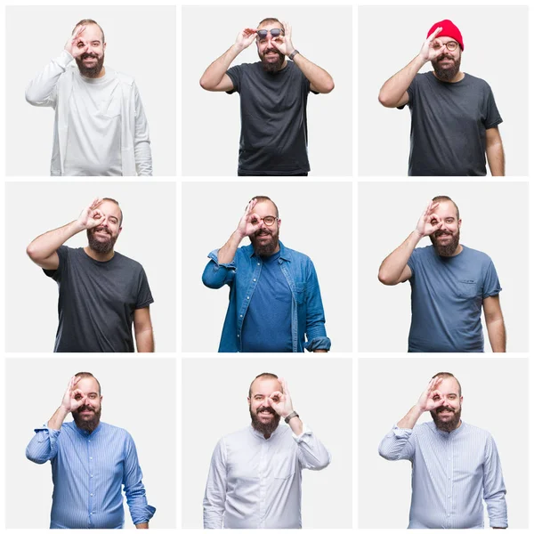 Collage Ung Man Över Isolerade Bakgrund Gör Gest Med Handen — Stockfoto