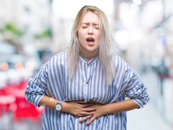 Young Blonde Woman Isolated Background Hand Stomach Because Indigestion Painful — Stock Photo, Image