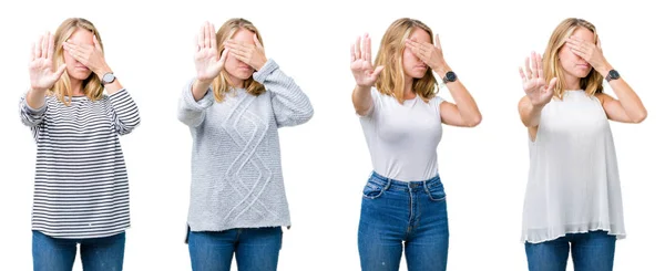 Collage Beautiful Blonde Woman White Isolated Background Covering Eyes Hands — Stock Photo, Image