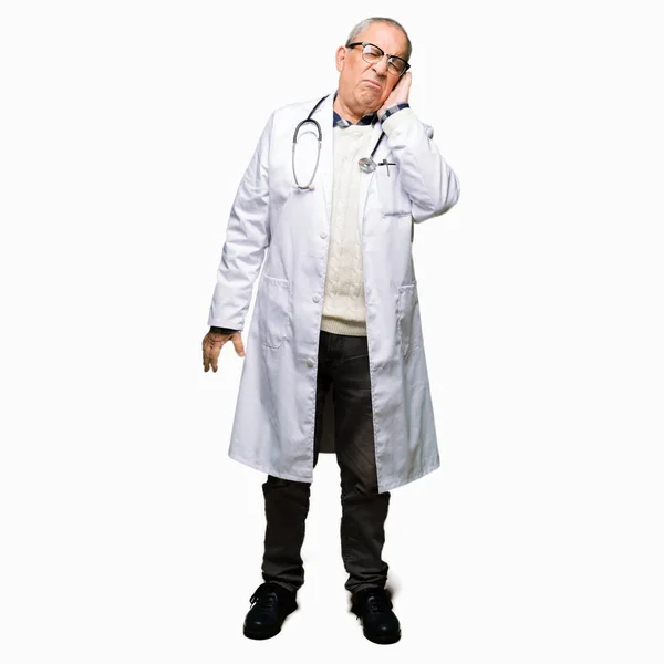 Handsome Senior Doctor Man Wearing Medical Coat Thinking Looking Tired — Stock Photo, Image