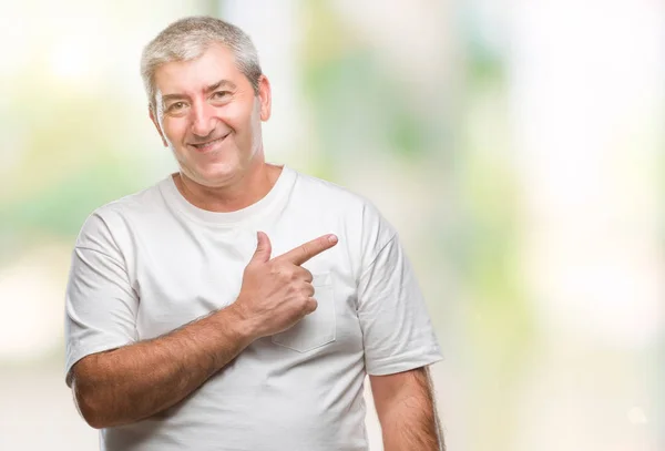 Handsome Senior Man Isolated Background Cheerful Smile Face Pointing Hand — Stock Photo, Image