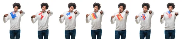の国の旗を保持しているアフリカ系アメリカ人の若い男のコラージュ分離カメラと指で指している背景 手署名 正面からポジティブで自信のジェスチャー — ストック写真