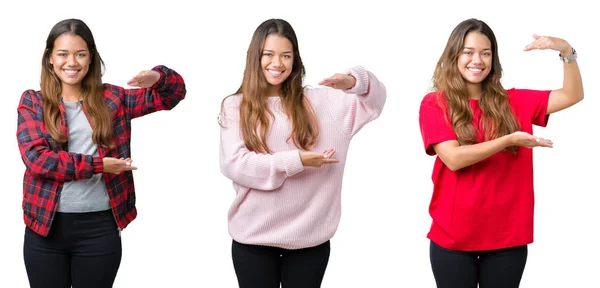 Collage Hermosa Mujer Joven Sobre Fondo Aislado Gesto Con Las —  Fotos de Stock