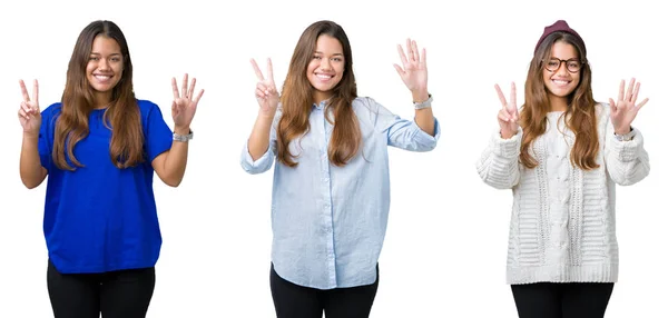 Collage Van Mooie Jonge Vrouw Geïsoleerde Achtergrond Weergeven Met Vingers — Stockfoto