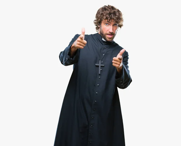 Handsome Hispanic Catholic Priest Man Isolated Background Pointing Fingers Camera — Stock Photo, Image