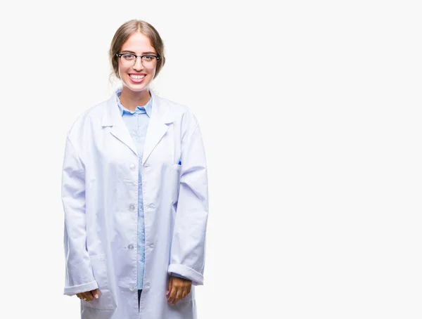 Beautiful Young Blonde Doctor Woman Wearing White Coat Isolated Background — Stock Photo, Image