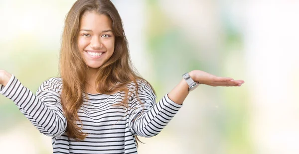 Young Beautiful Brunette Woman Wearing Stripes Sweater Isolated Background Smiling — Stock Photo, Image