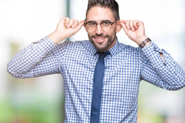 若いビジネス人眼鏡を指で面白いジェスチャー分離背景笑顔引き耳の上 オーディションの問題 — ストック写真